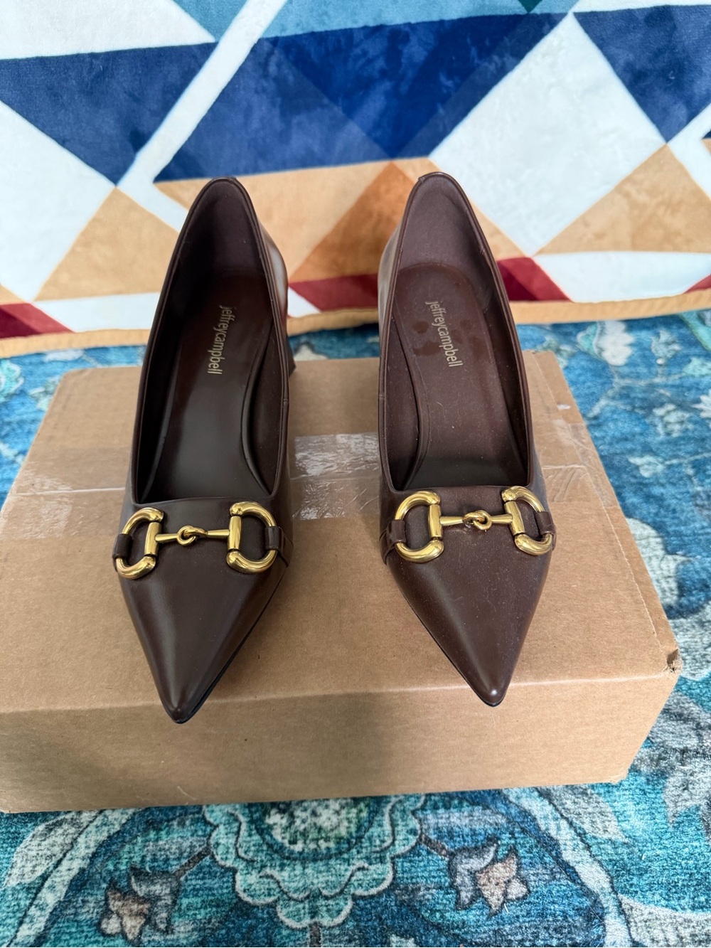 Jeffrey Campbell Happy-Hour Brown Gold Fashion Pointed Toe Slip On Pump Shoes